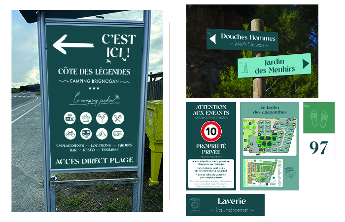 Panneau d’entrée, fléchage et numéros d’emplacements du camping Côte des Légendes