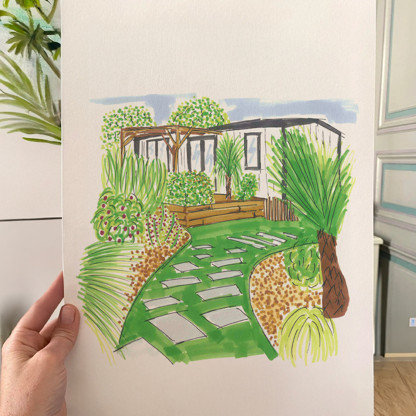 Plan de locatif redessiné à la main pour la brochure du camping Côte des Légendes