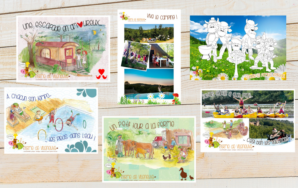 Scènes de vacances illustrées et cartes postales du camping La Ferme de Villeneuve
