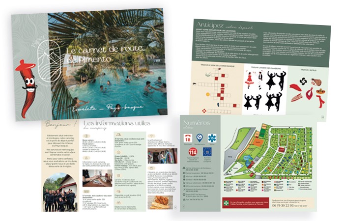 Livret d’accueil « Le carnet de route de Pimento » du camping Biper Gorri à Espelette, avec jeux pour enfants, informations utiles et plan du camping